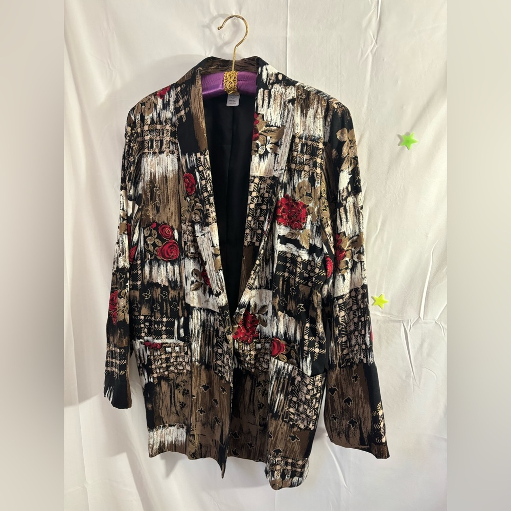 Vintage Women’s Lightweight Red Rose Abstract Earth Tones Oversized Blazer M/L‎ - Picture 3 of 16